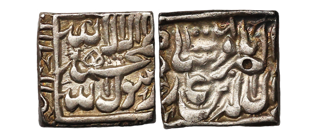 Akbar (1556-1605 AD), silver square rupee, Bang mint, AH 1006, KM A86.1, 11.15g. Obv: Kali